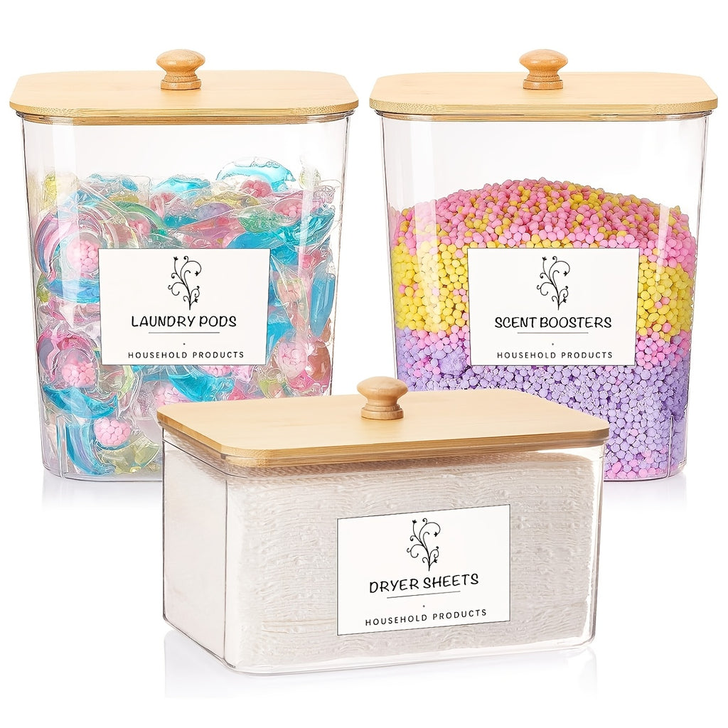 3-Pack Clear Laundry Organizers with Lids and Labels